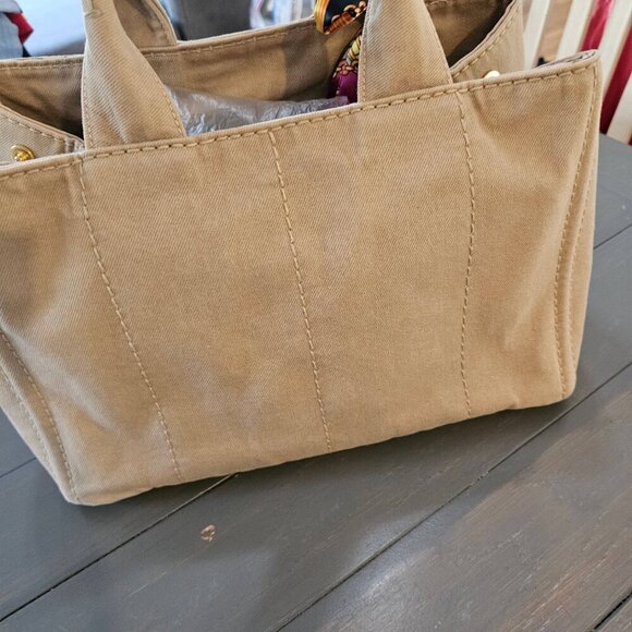 Prada Women's Beige Enameled Metal Triangle Canapa Tote Bag With Twilly - Picture 11 of 15